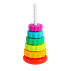 Colorful stacking toy with a white handle on a white background