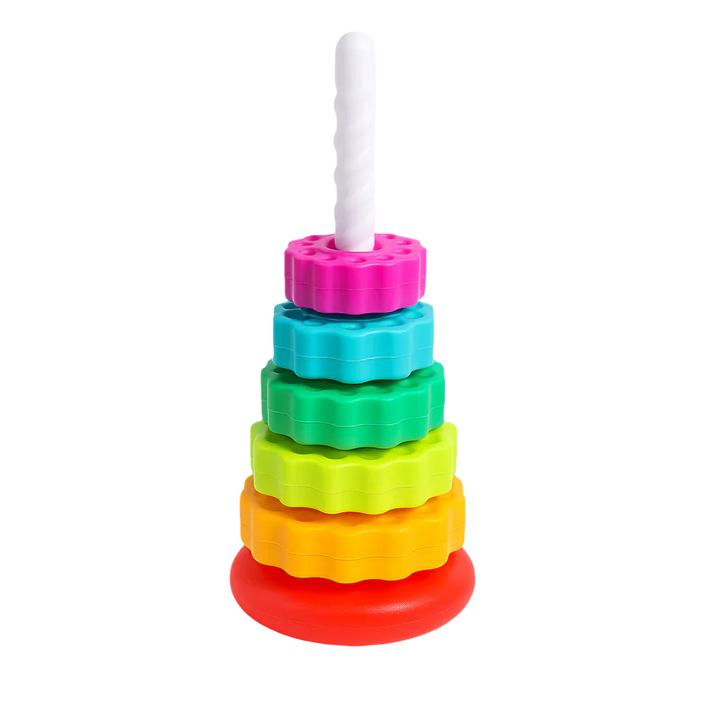 Colorful stacking toy with a white handle on a white background