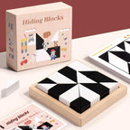 Hiding Blocks puzzle game with packaging and cards on a light surface