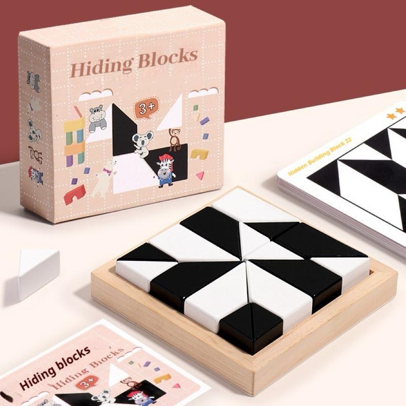 Hiding Blocks puzzle game with packaging and cards on a light surface