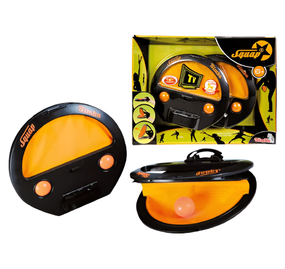 Two electronic toys with orange and black design, one open and one in packaging, on a white background.