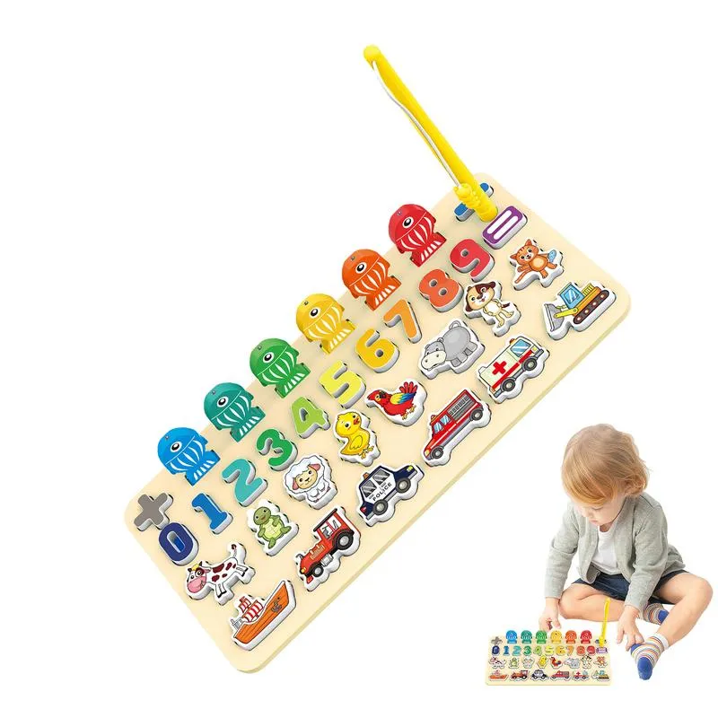 Child using magnetic rod to catch numbered fish on the maze board.