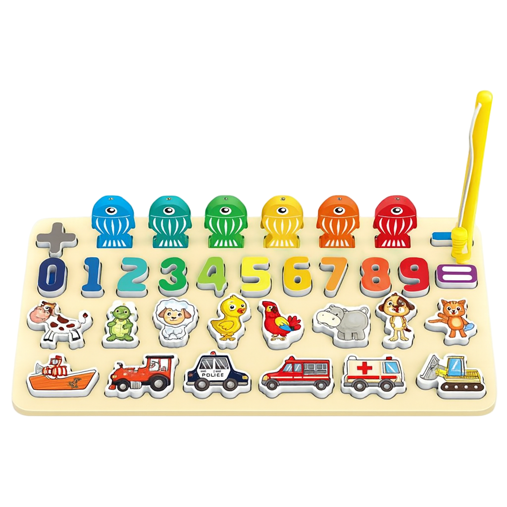 Wooden educational puzzle with numbers and animals on a white background