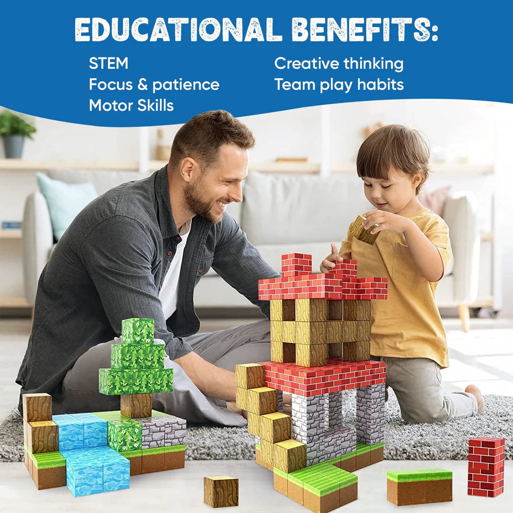Child building a colorful structure with STEM Learning Magnetic Building Blocks.
