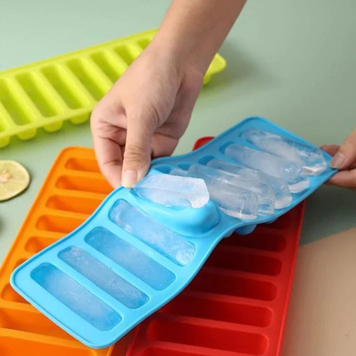 Flexible and stackable silicone ice mold with 10 deep cavities for easy and convenient ice-making.