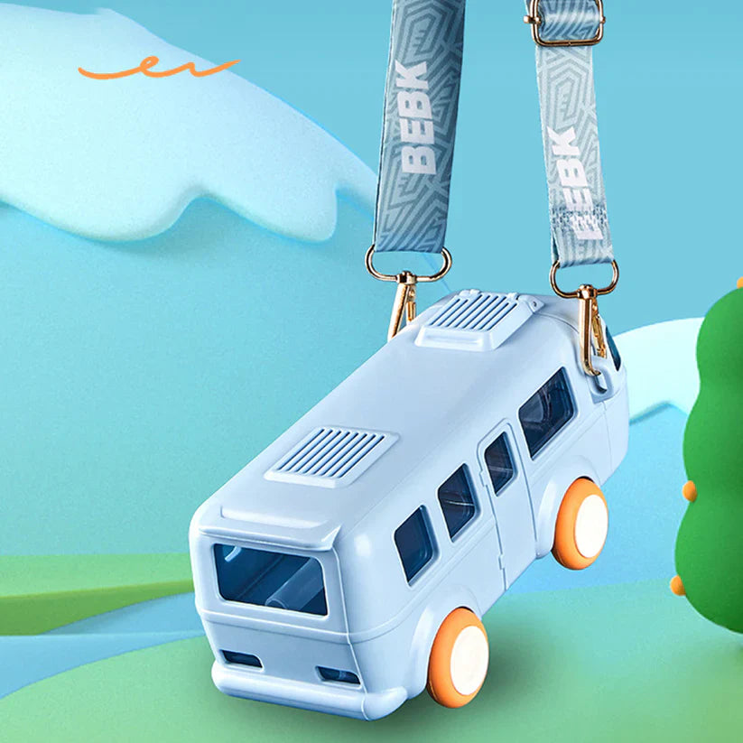 Durable and safe bus-themed water bottle with eco-friendly materials, perfect for children.