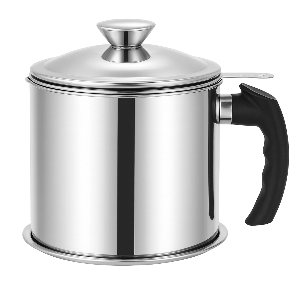 Stainless steel pot with a black handle on a white background