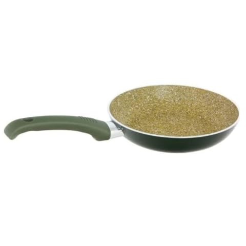 Green silicone-varnished frying pan sizzling with vegetables on a stovetop.