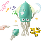 Toy squid with musical notes and a hand holding a wand on a white background