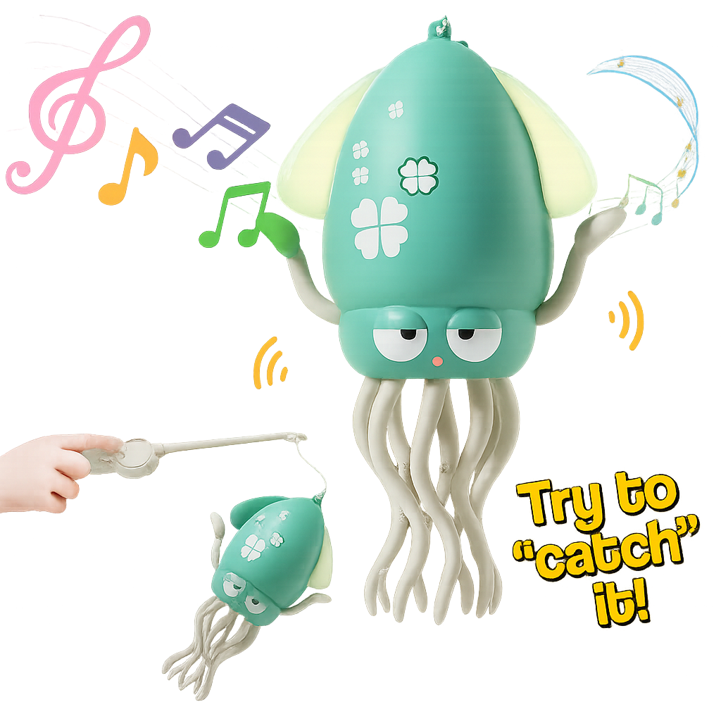 Toy squid with musical notes and a hand holding a wand on a white background
