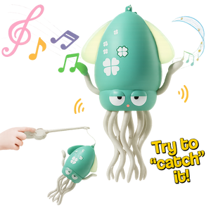 Toy squid with musical notes and a hand holding a wand on a white background