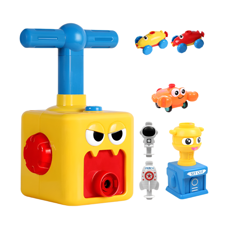 Toy block with character face and small figures on a white background