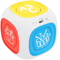 Colorful educational toy cube with ABC letters, cow icon, and drum icons on a white background