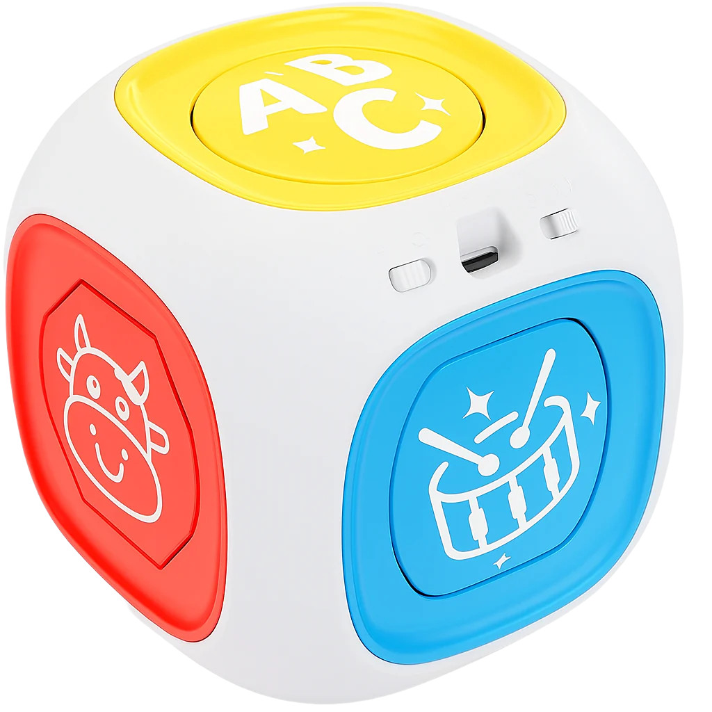 Colorful educational toy cube with ABC letters, cow icon, and drum icons on a white background