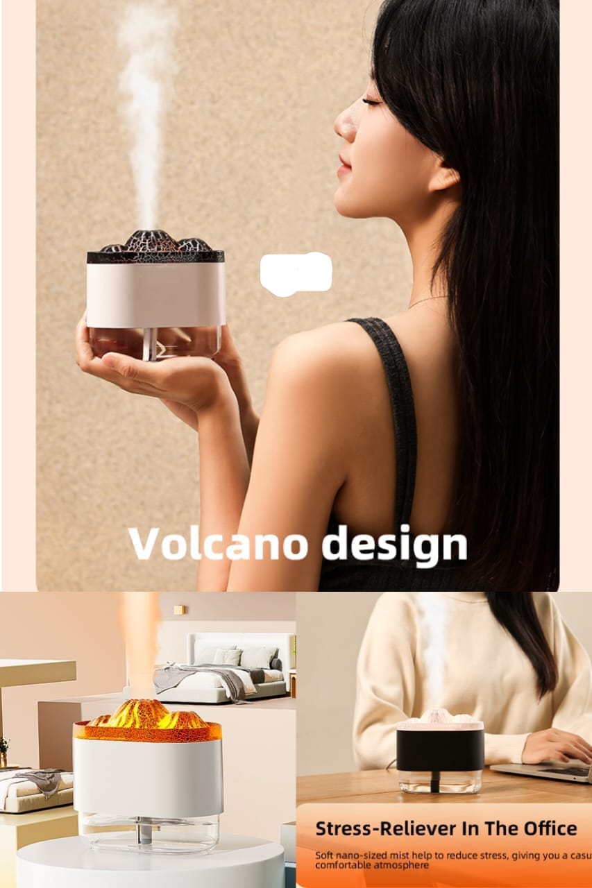 Volcano Humidifier - 300ml، 7 رنگین گراڈینٹ لائٹ، دو سپرے موڈ