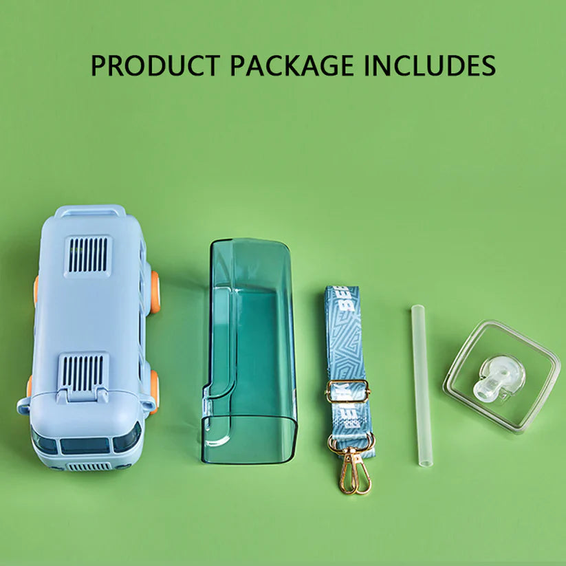 Kids' bus-shaped water bottle with double leak-proof design for extra security against spills.