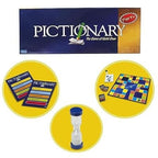 Players engaging in a lively game of Pictionary, drawing and guessing clues.