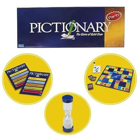 Players engaging in a lively game of Pictionary, drawing and guessing clues.