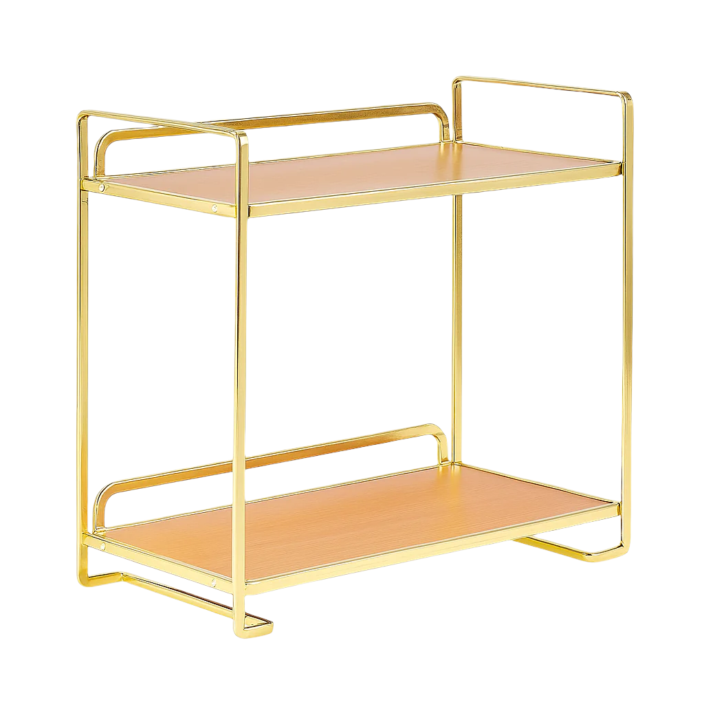Two-tiered serving cart with gold frame and pink shelves on a white background