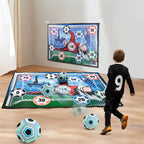 Child playing with a soccer-themed game mat on a wooden floor.