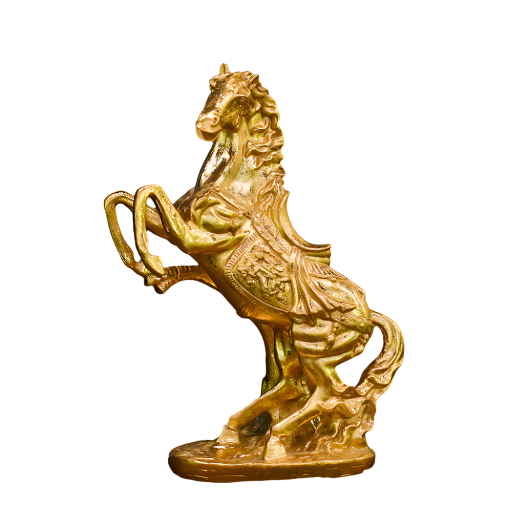 A sleek gold horse figurine with a shiny finish, displayed as a stylish decorative piece on a mantel.