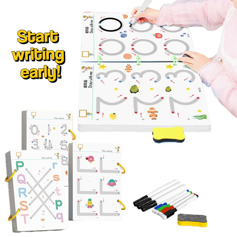 Children's educational writing board with markers and eraser, featuring letters and numbers.