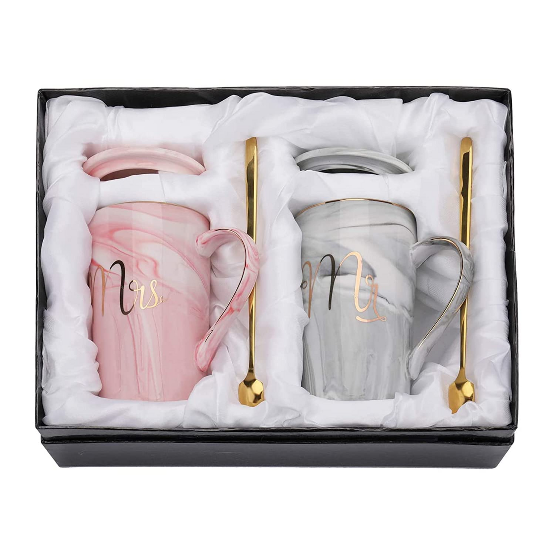 Gift box open to showcase mugs, lids, spoons, and coasters.