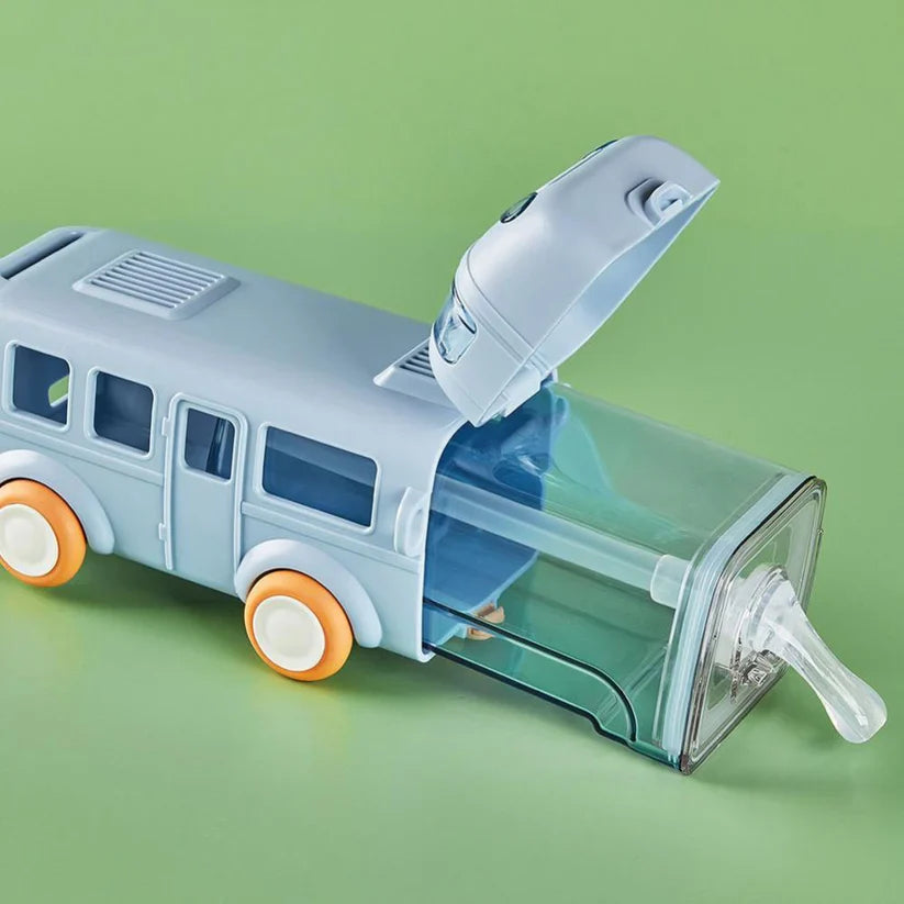 Creative and vibrant bus water bottle that makes drinking water exciting for kids, with a 380ml capacity.