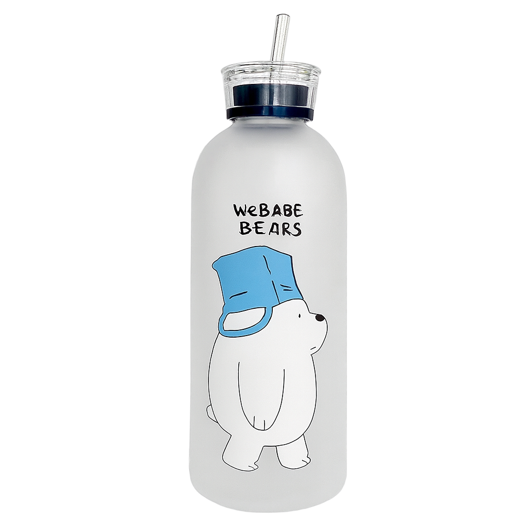 Clear water bottle with a cartoon polar bear wearing a blue hat and text 'WE BABE BEARS' on a white background.
