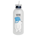 Clear water bottle with a cartoon polar bear wearing a blue hat and text 'WE BABE BEARS' on a white background.