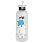 Clear water bottle with a cartoon polar bear wearing a blue hat and text 'WE BABE BEARS' on a white background.