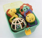 Storage box with 7-piece baby toy set for easy organization.
