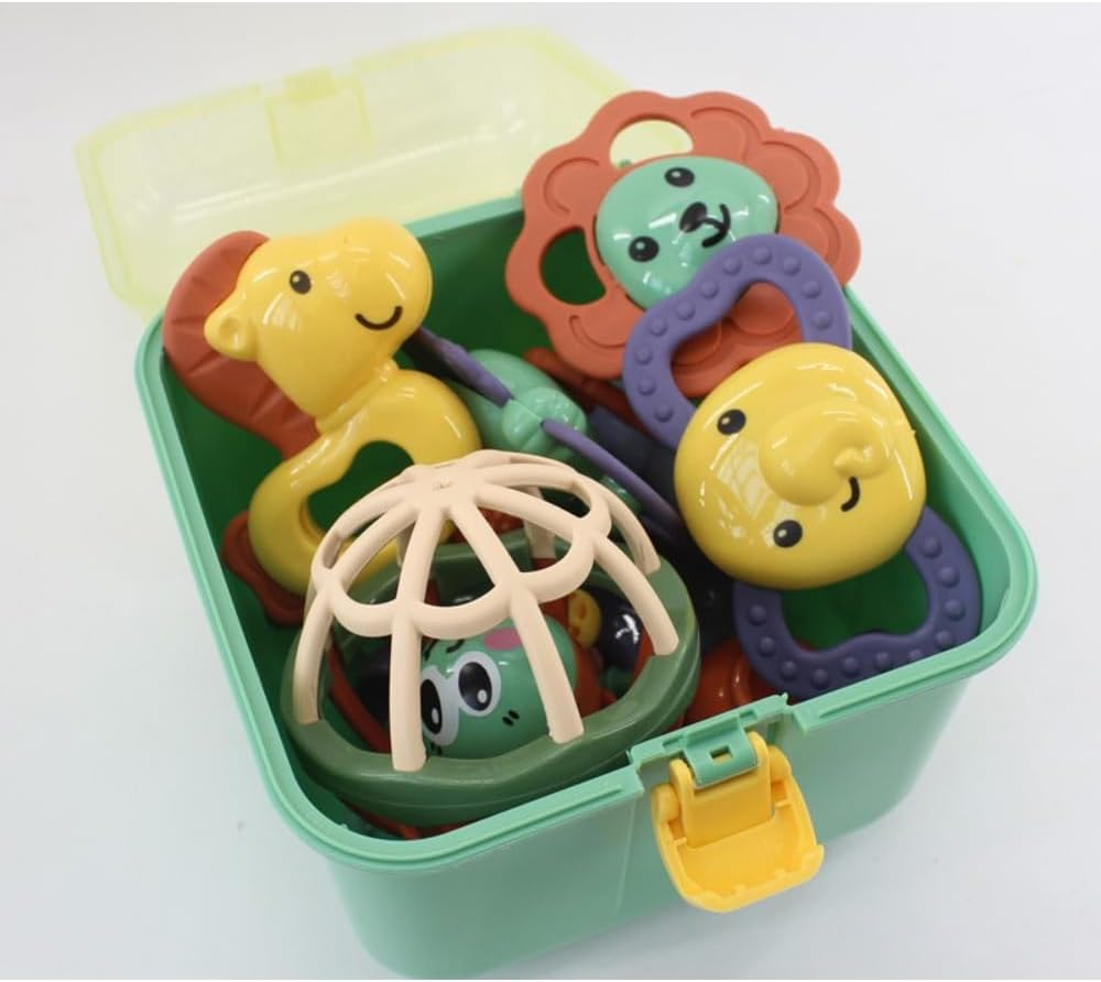 Storage box with 7-piece baby toy set for easy organization.