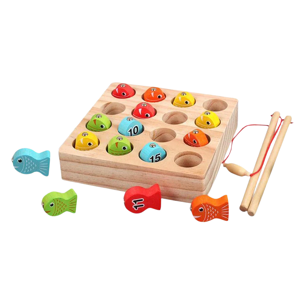 Montessori wooden fishing game set featuring 2 fishing poles, a wooden pool box, and 15 colorful letter-number fish arranged for interactive play.







