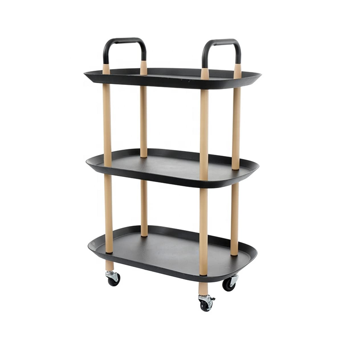 Black 3-tier utility cart with a metal frame and ABS trays, featuring 360° caster wheels for easy mobility, ideal for home or office storage.