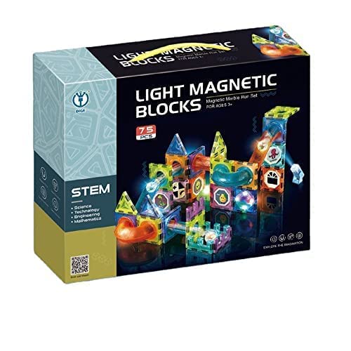 Box of light magnetic blocks with colorful blocks on a white background