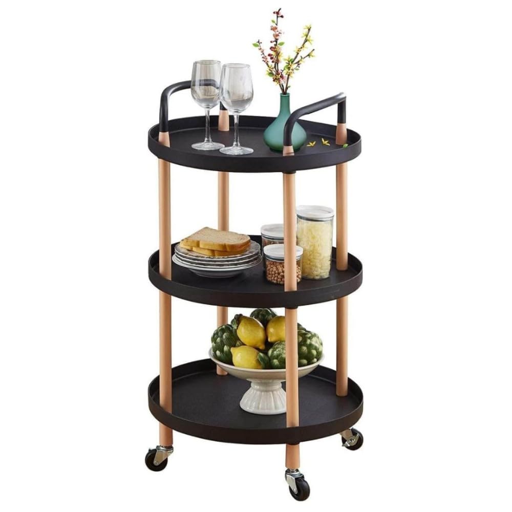Black tier round rolling cart with handle and lockable wheels, featuring a wood frame and durable plastic storage box, ideal for home or office organization.