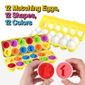 Colorful egg-shaped puzzle toy with matching eggs and holder on a white background
