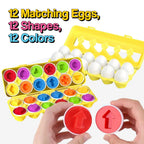 Colorful egg-shaped puzzle toy with matching eggs and holder on a white background