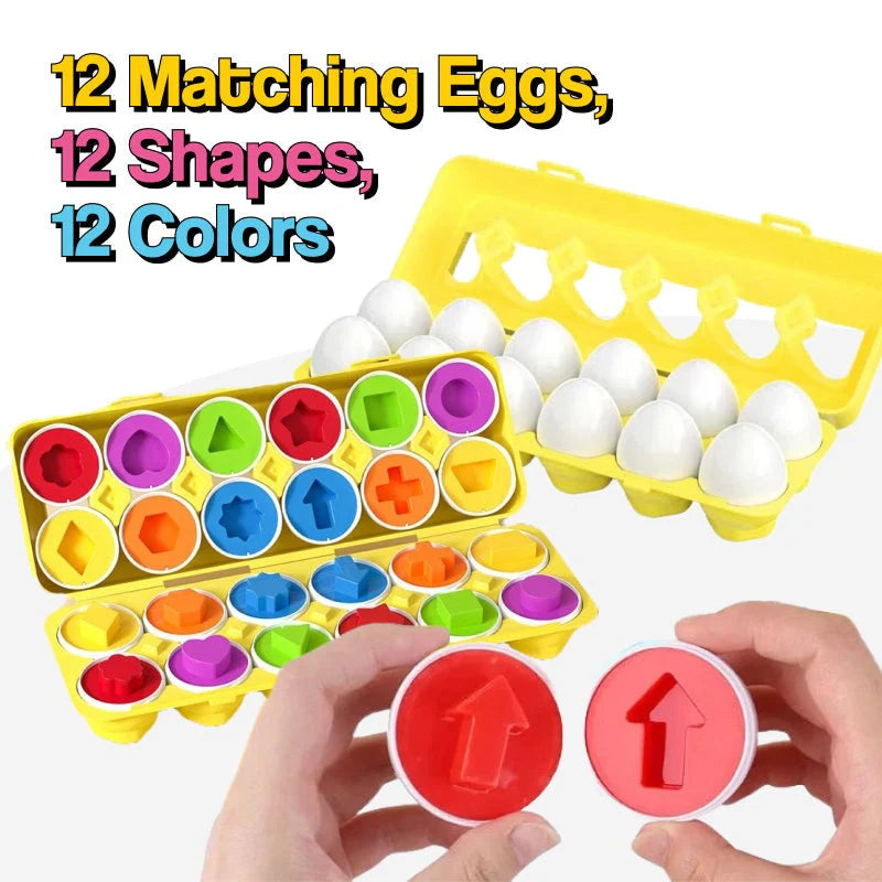 Colorful egg-shaped puzzle toy with matching eggs and holder on a white background