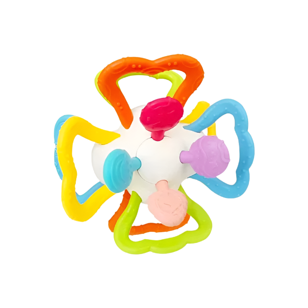 Colorful baby teething ring on a white background