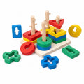 Wooden twist shape stacker with four pegged pillars and notched shapes in red, yellow, blue and green