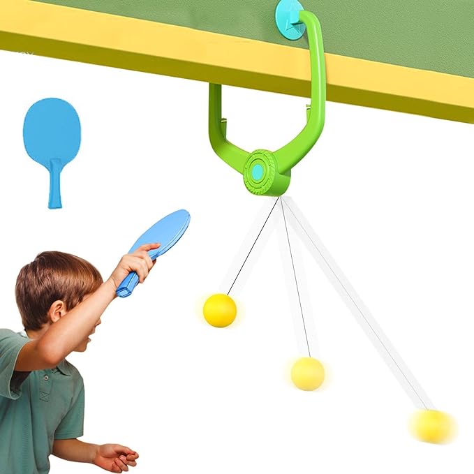 Indoor ping pong training set with suction cup mount and balls.