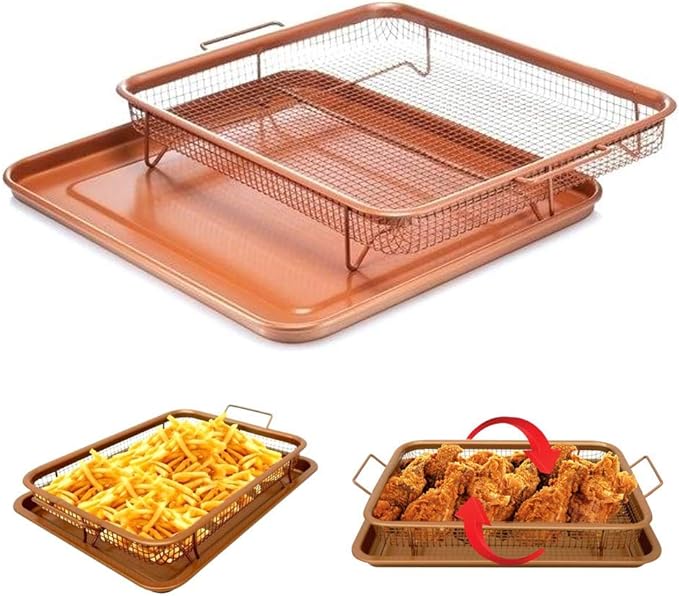 An innovative copper and aluminum air fryer basket and grill tray set, perfect for healthier cooking options in the oven.