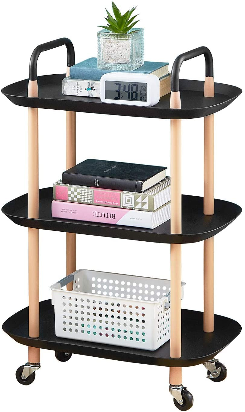 Black 3-tier utility cart with a metal frame and ABS trays, featuring 360° caster wheels for easy mobility, ideal for home or office storage.