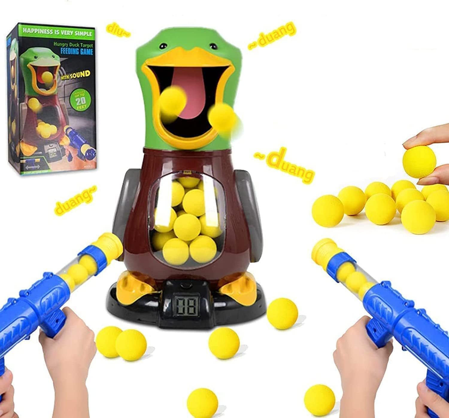 Kids laughing while playing with Air Duck Blaster foam ball shooting game.