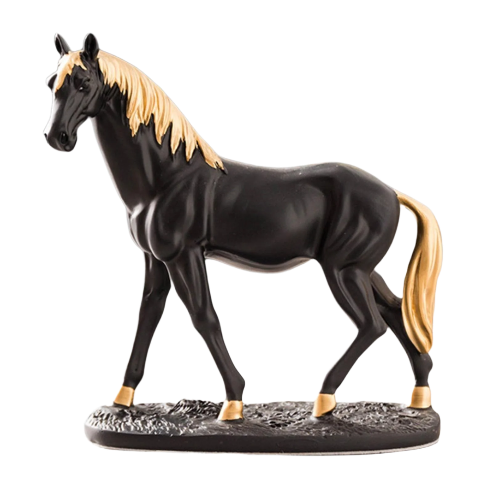 Hand-painted horse statue in a lush garden setting.