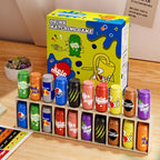 Drinks matching game with colorful drink containers and packaging on a wooden surface.