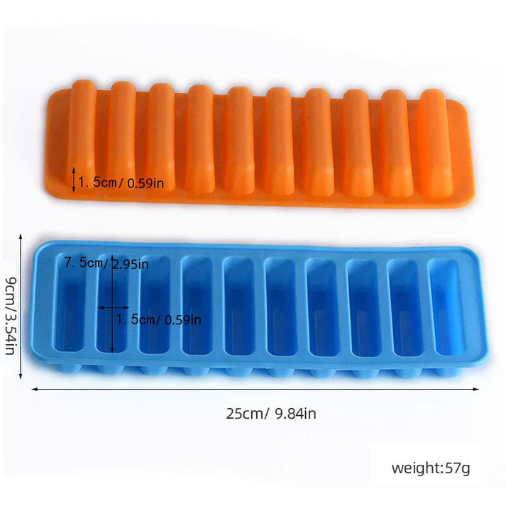 Premium quality food-grade silicone ice mold, freezer-safe and dishwasher-safe, available in green, yellow, purple, or transparent.