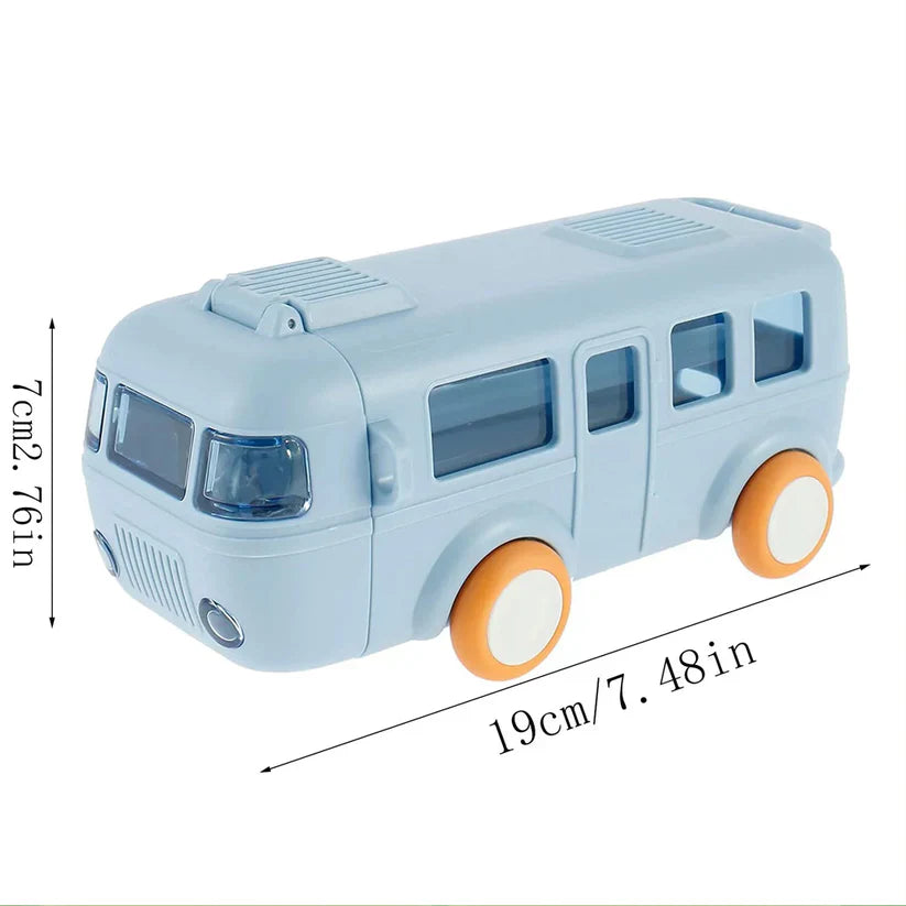 Bus Shape Water Bottle with food-grade silicone straw and thick shoulder strap, designed for convenience and fun.